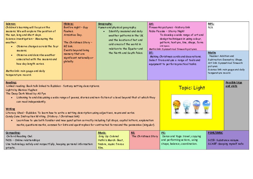 Year 1 Term 2 topic web Light